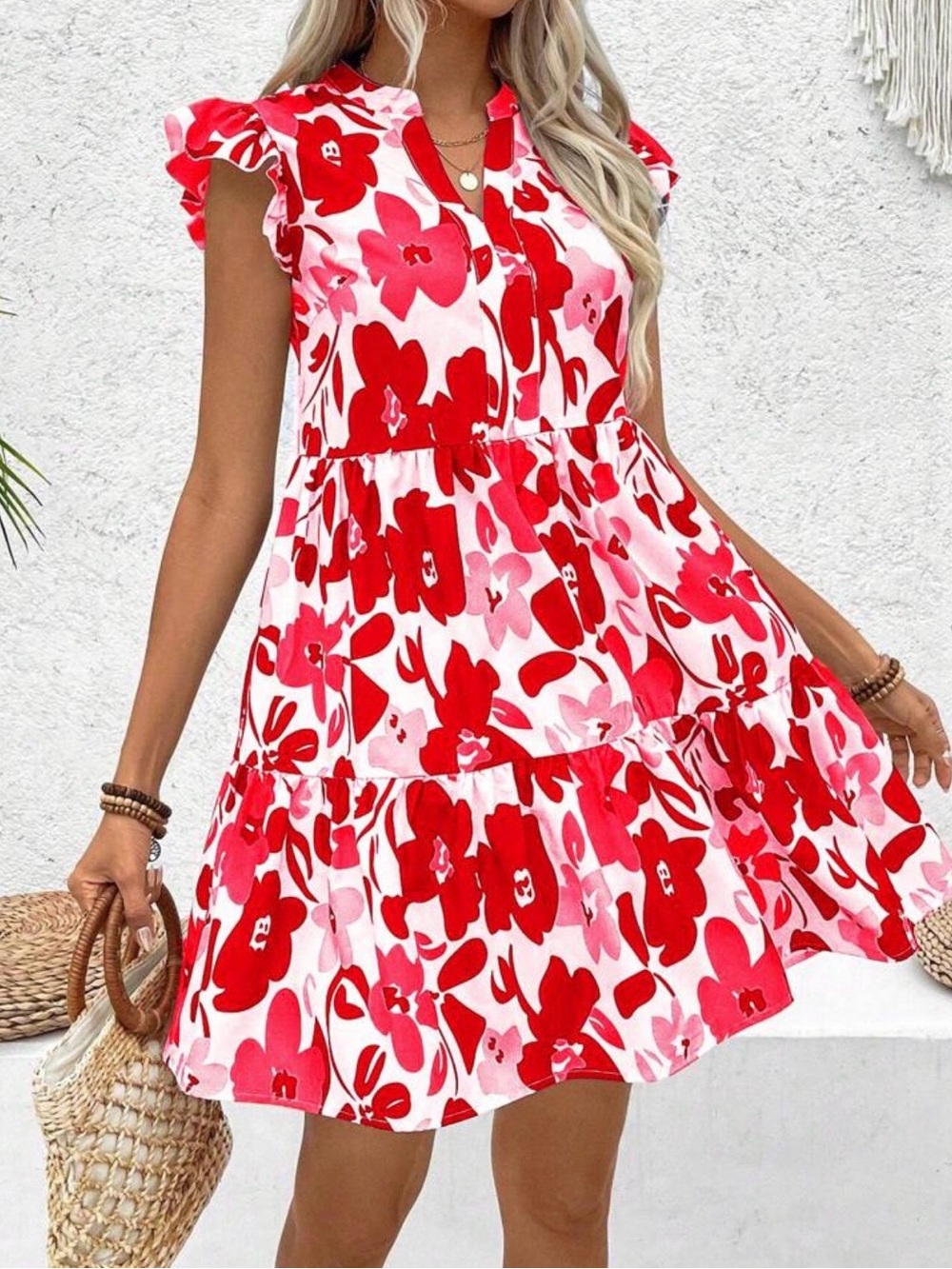 Floral Tiered Summer Dress - Red & Pink